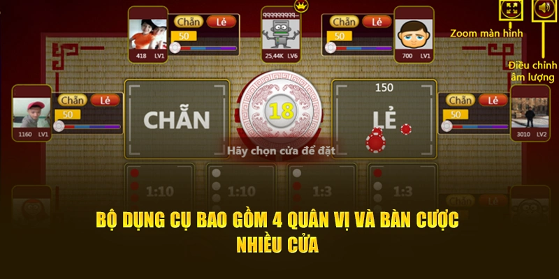 Bộ dụng cụ bao gồm 4 quân vị và bàn cược nhiều cửa